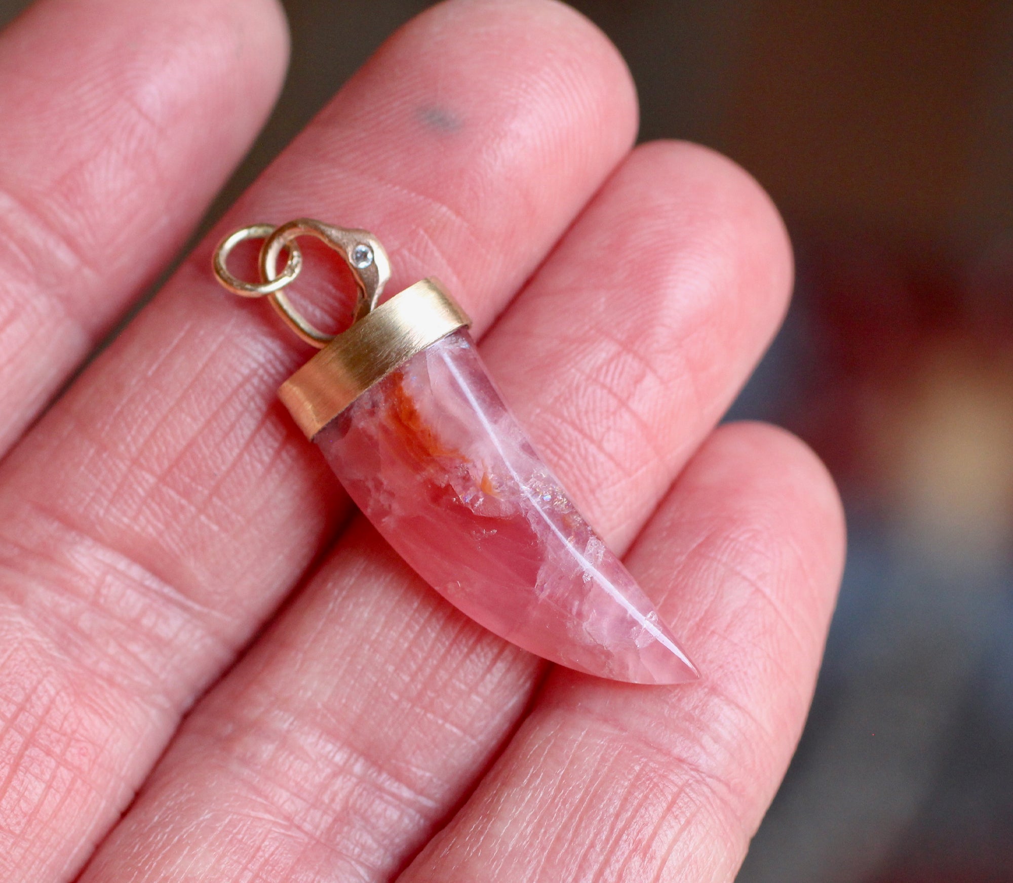 Pink Calcite Fang Charm in 14k