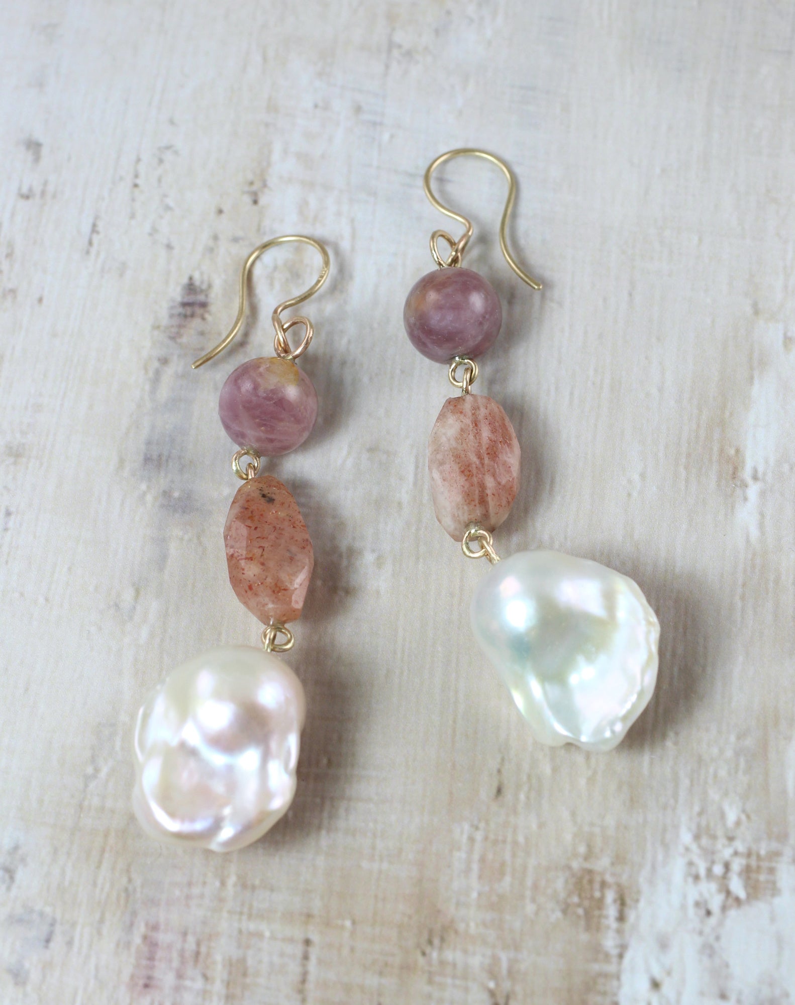 14k Gold Gemstone & Baroque Pearl Earrings