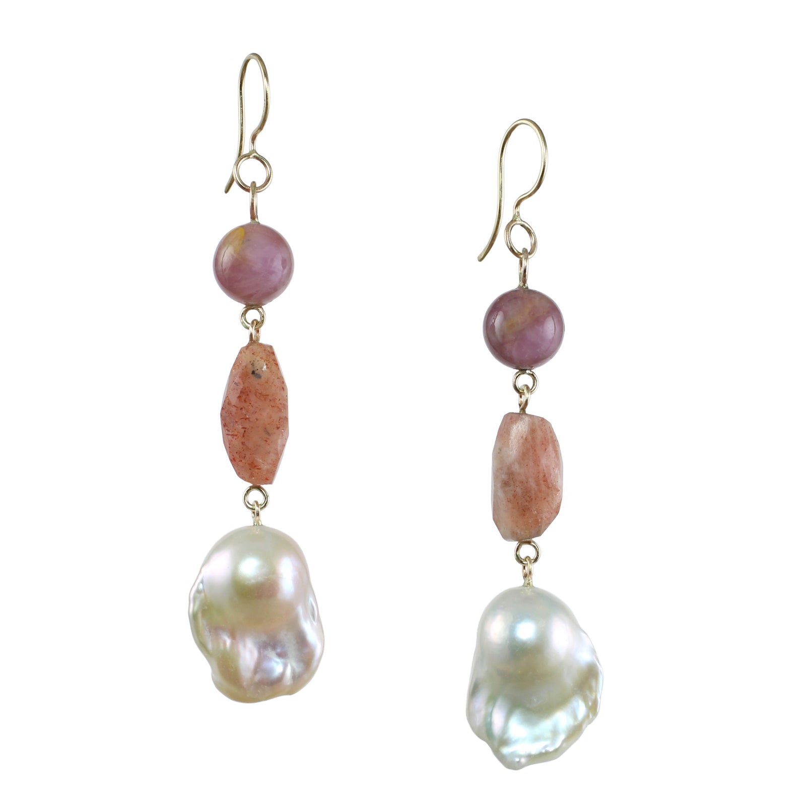 14k Gold Gemstone & Baroque Pearl Earrings