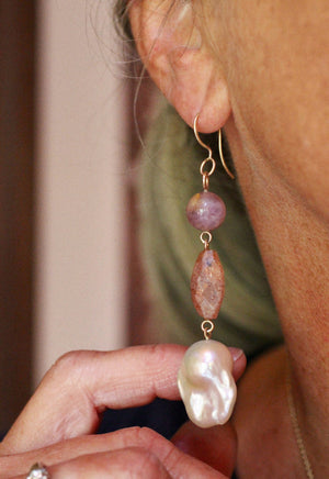 14k Gold Gemstone & Baroque Pearl Earrings