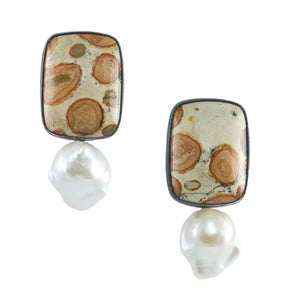 Leopard skin jasper and baroque pearl earrings in oxidized sterling silver on white background, one-of-a-kind handmade gemstone earrings