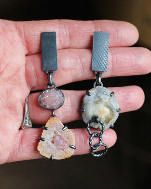 One-of-a-kind mineral specimen earrings with asymmetrical gemstones, dark oxidized silver tabs, and handmade silver links.