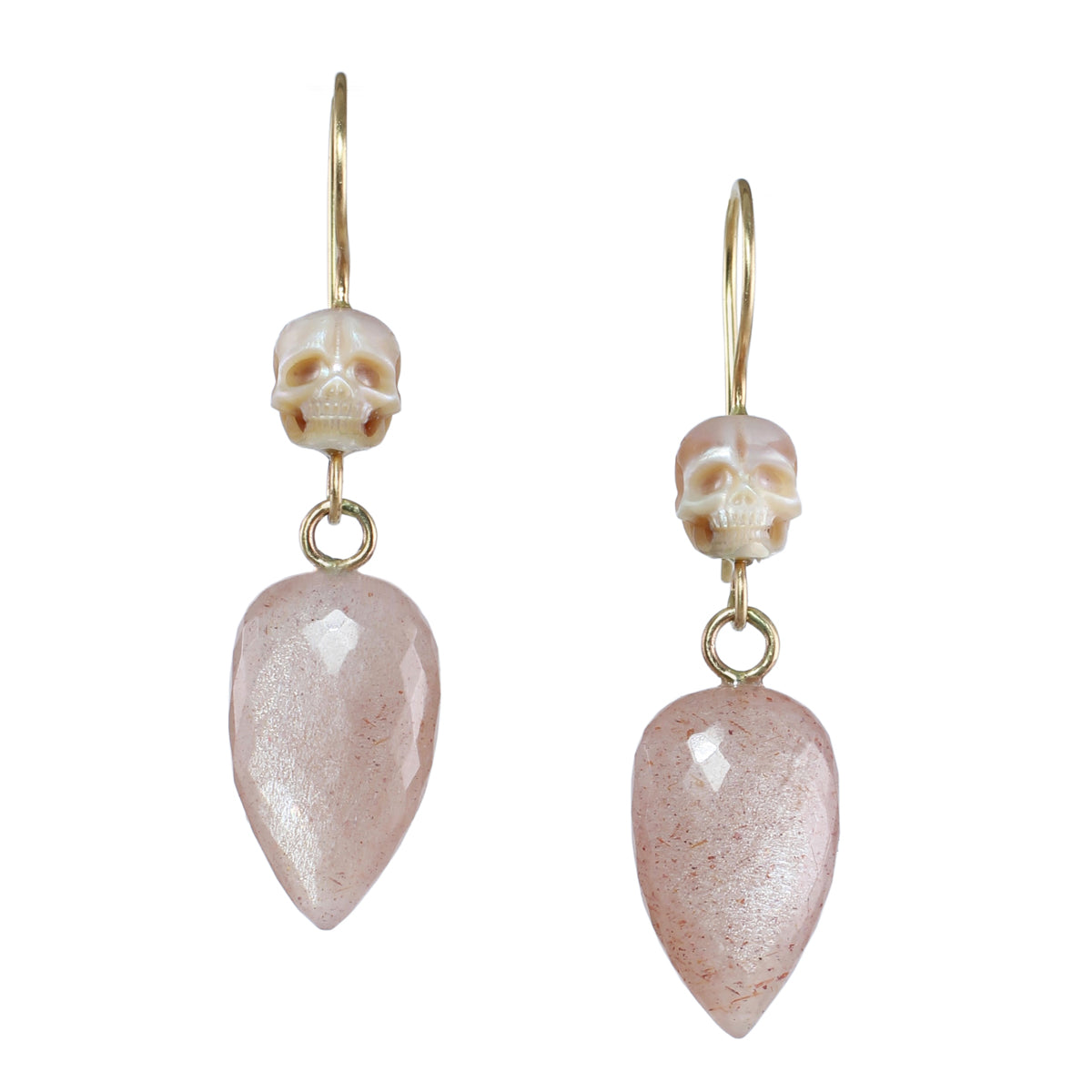 Pearl Skull & Pink Moonstone Earrings in 14k Gold - Limited Edition