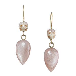 Pearl Skull & Pink Moonstone Earrings in 14k Gold - Limited Edition