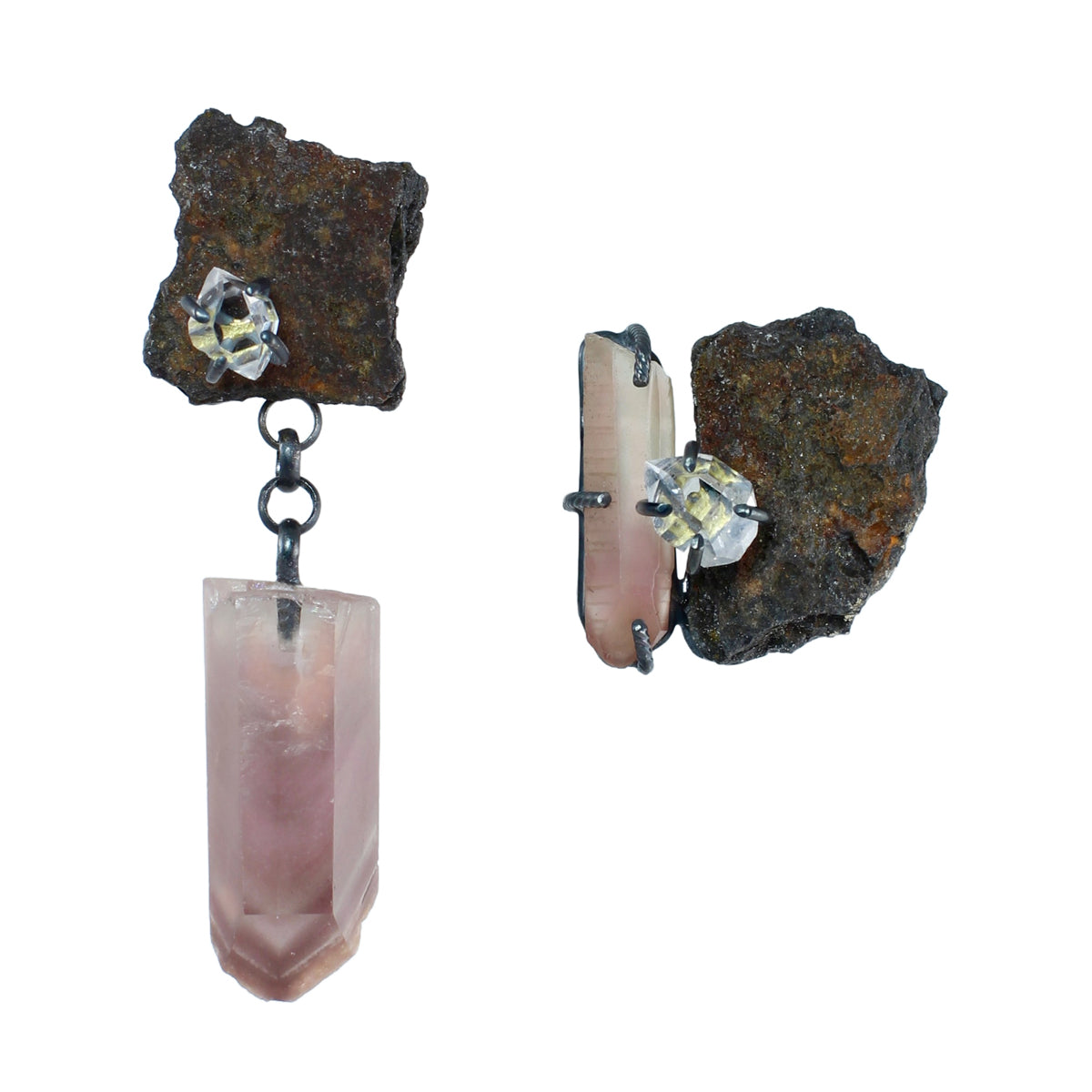 Asymmetrical rust shard earrings with Herkimer diamonds, pale pink lithium quartz, and oxidized sterling silver on a white background.