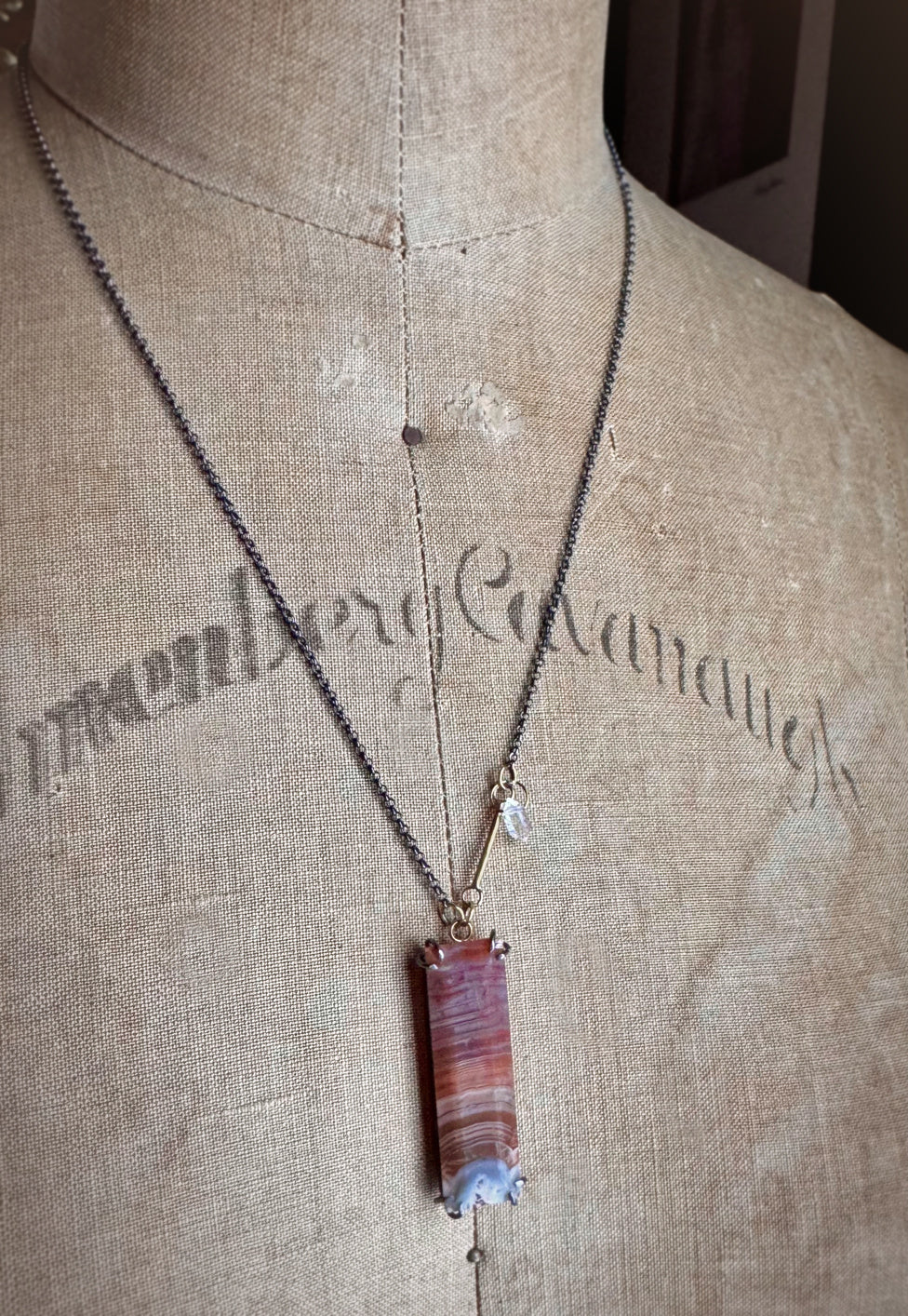 Botswana Agate & Herkimer Diamond Necklace with 14k Gold