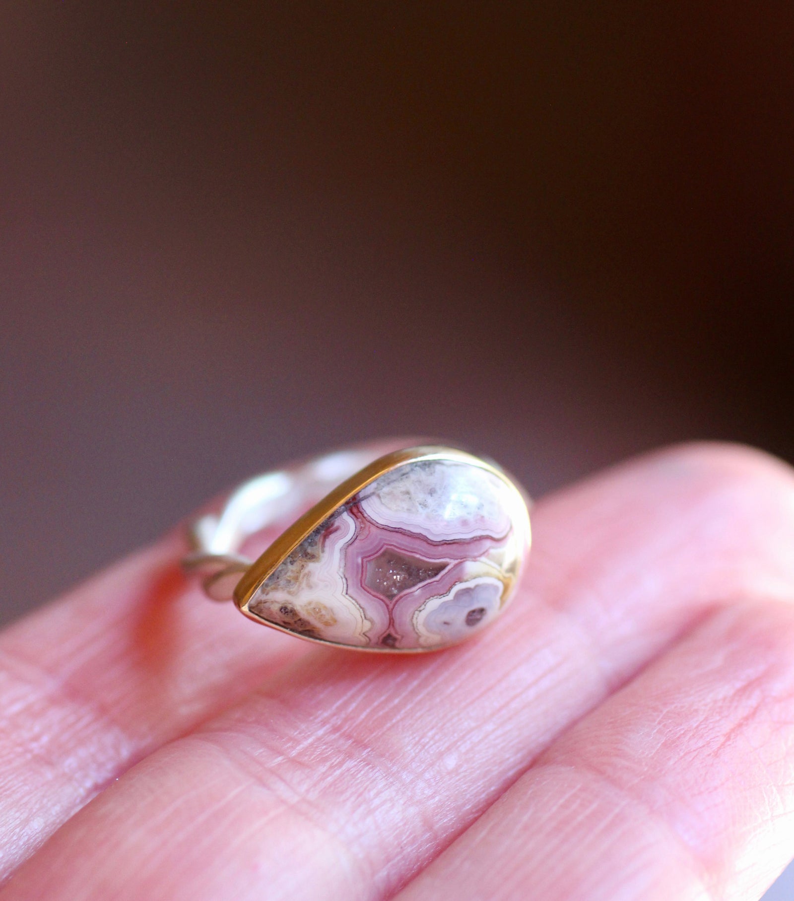 Crazy Lace Agate Ring in Sterling Silver & 14k Gold
