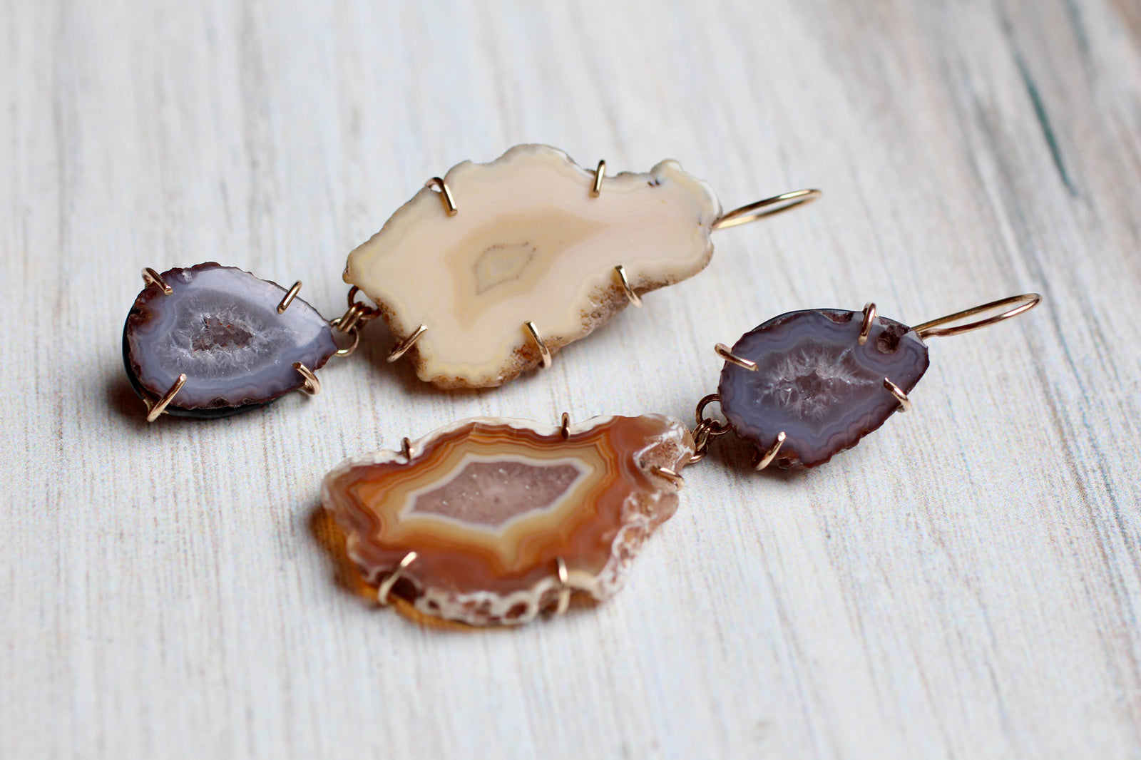 Agate Slice & Geode Statement Earrings with 14k Gold