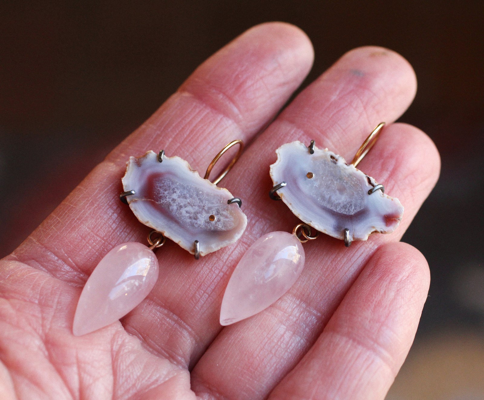 Agate Slice & Rose Quartz Earrings with 14k Gold
