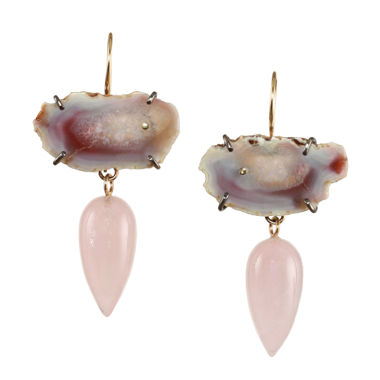 Agate Slice & Rose Quartz Earrings with 14k Gold
