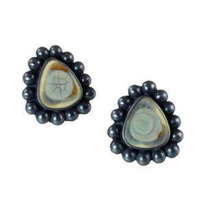 One-of-a-kind imperial jasper stud earrings with rounded oxidized silver details photographed on a white background.