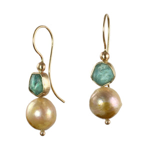 Rough Apatite & Pearl Earrings with 14k Gold