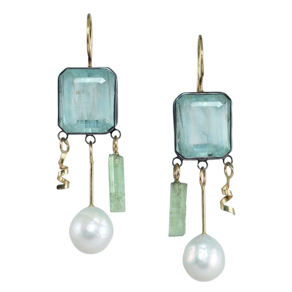 One-of-a-kind aquamarine earrings in oxidized sterling silver with 14k gold ear wires, featuring green tourmaline crystal and freshwater pearl dangles on a white background.