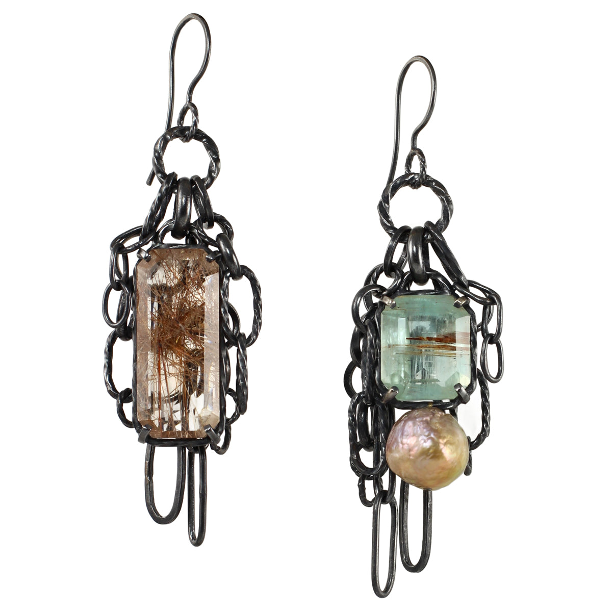 One-of-a-kind gemstone chain earrings with aquamarine, pearl, copper rutile quartz, and oxidized sterling silver on white background