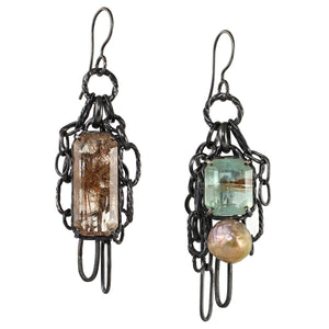 One-of-a-kind gemstone chain earrings with aquamarine, pearl, copper rutile quartz, and oxidized sterling silver on white background