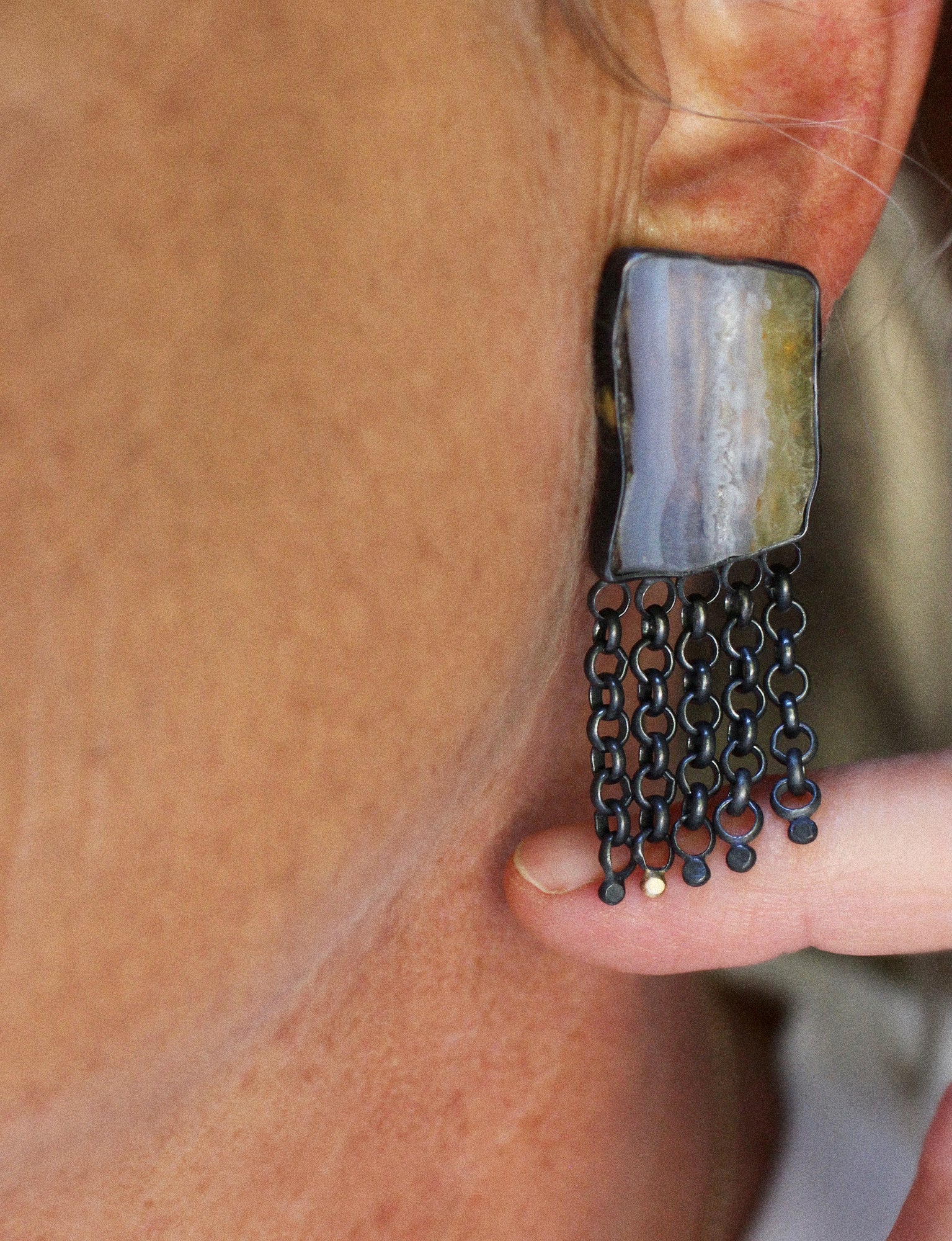 Blue Lace Agate Fringe Game Earrings with 14k Gold