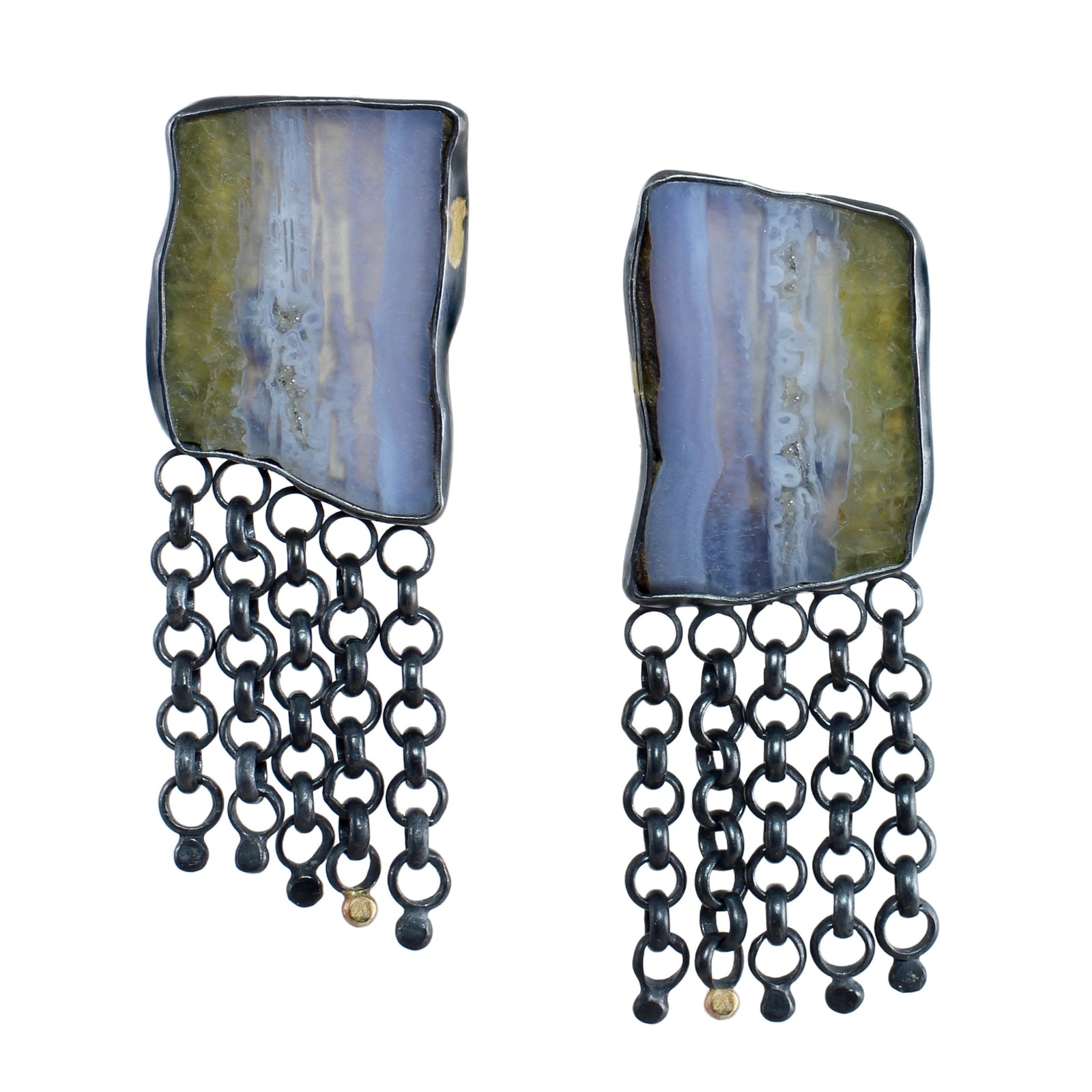 Blue Lace Agate Fringe Game Earrings with 14k Gold