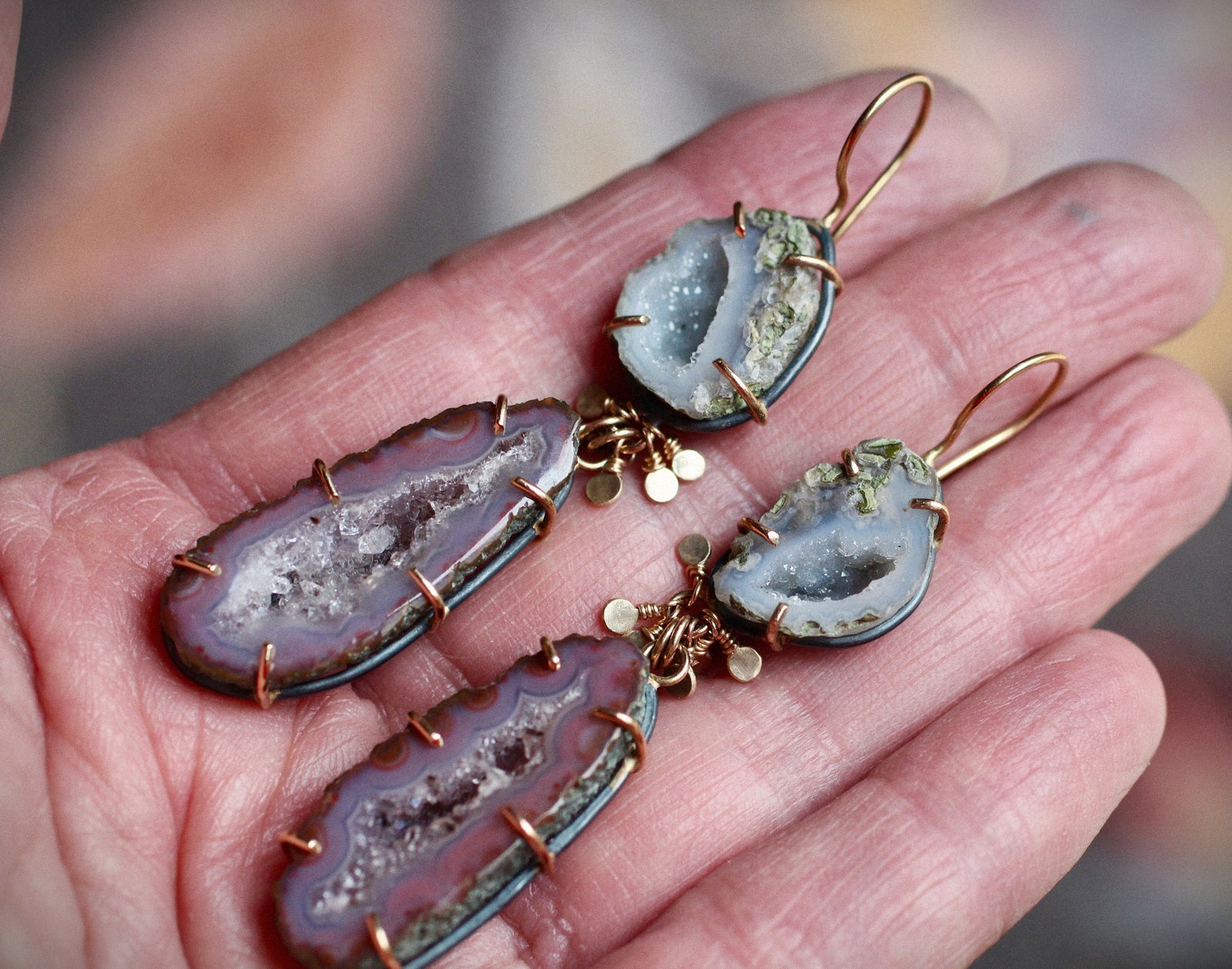 Icy Blue & Lavender Geode Statement Earrings with 14k Gold