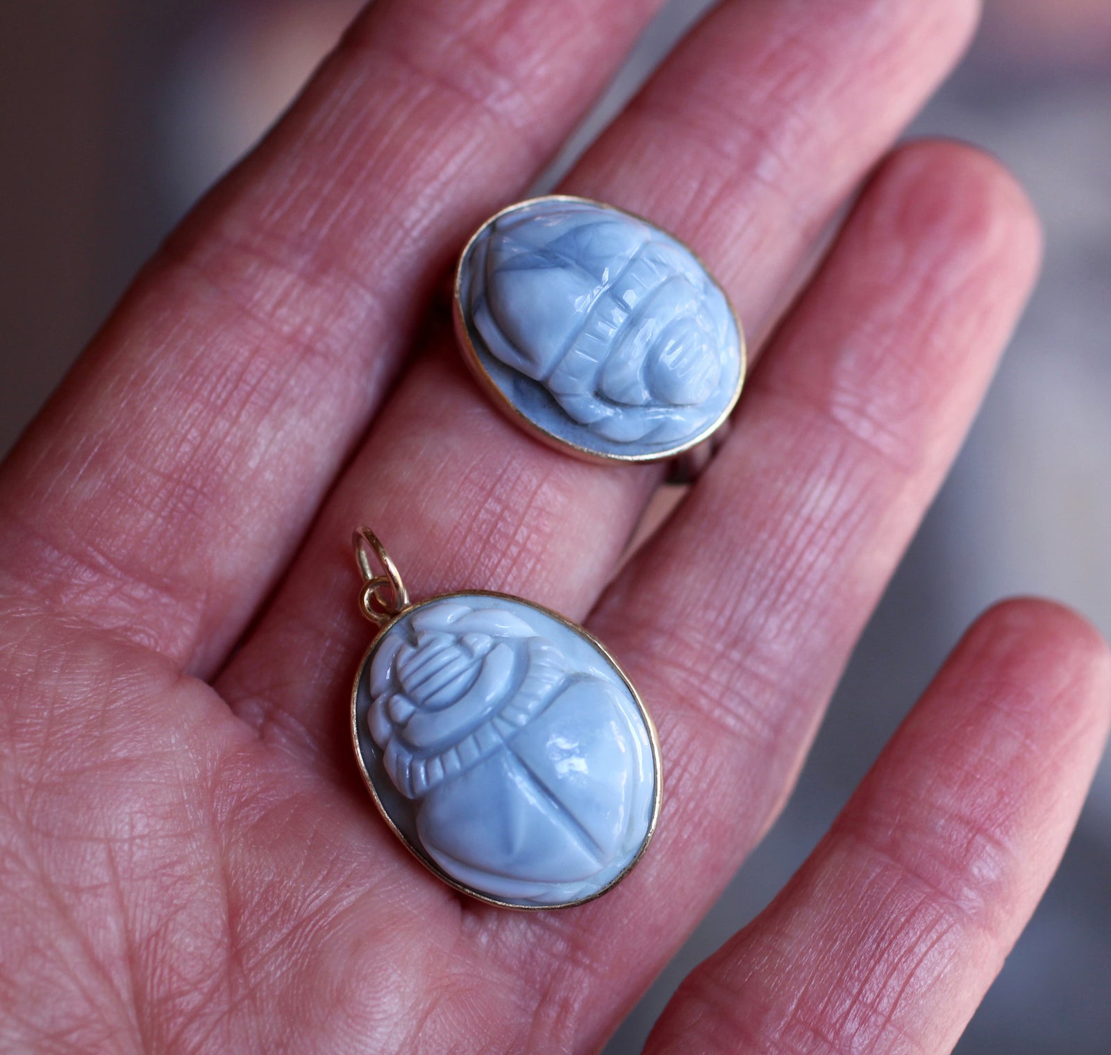 Blue Opal Scarab Pendant in Sterling Silver & 14k Gold