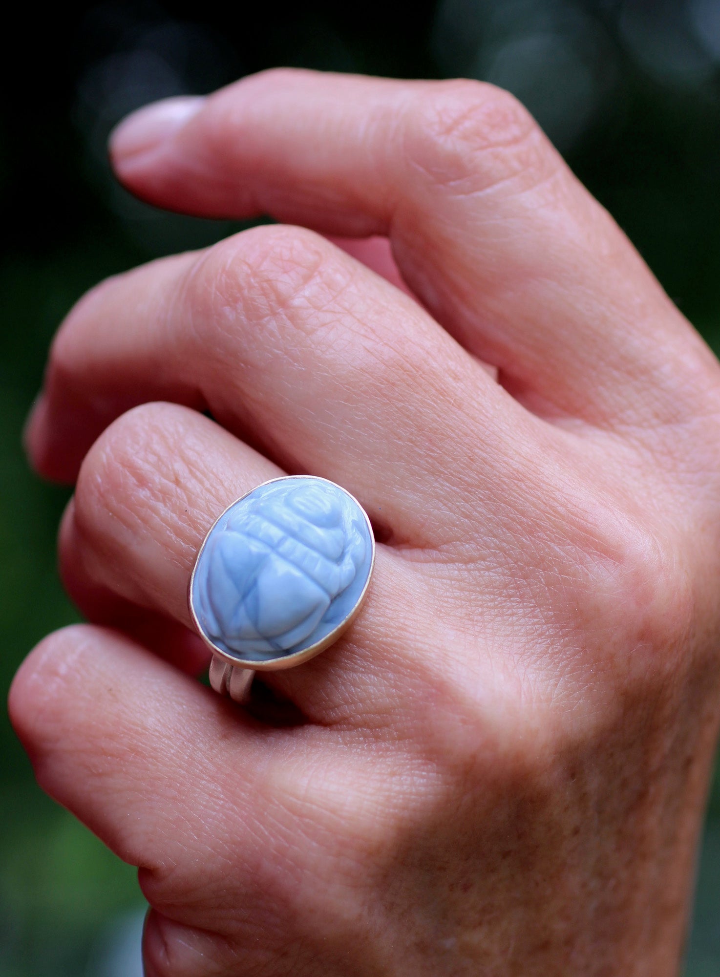 Blue Opal Scarab Ring in Sterling Silver & 14k Gold