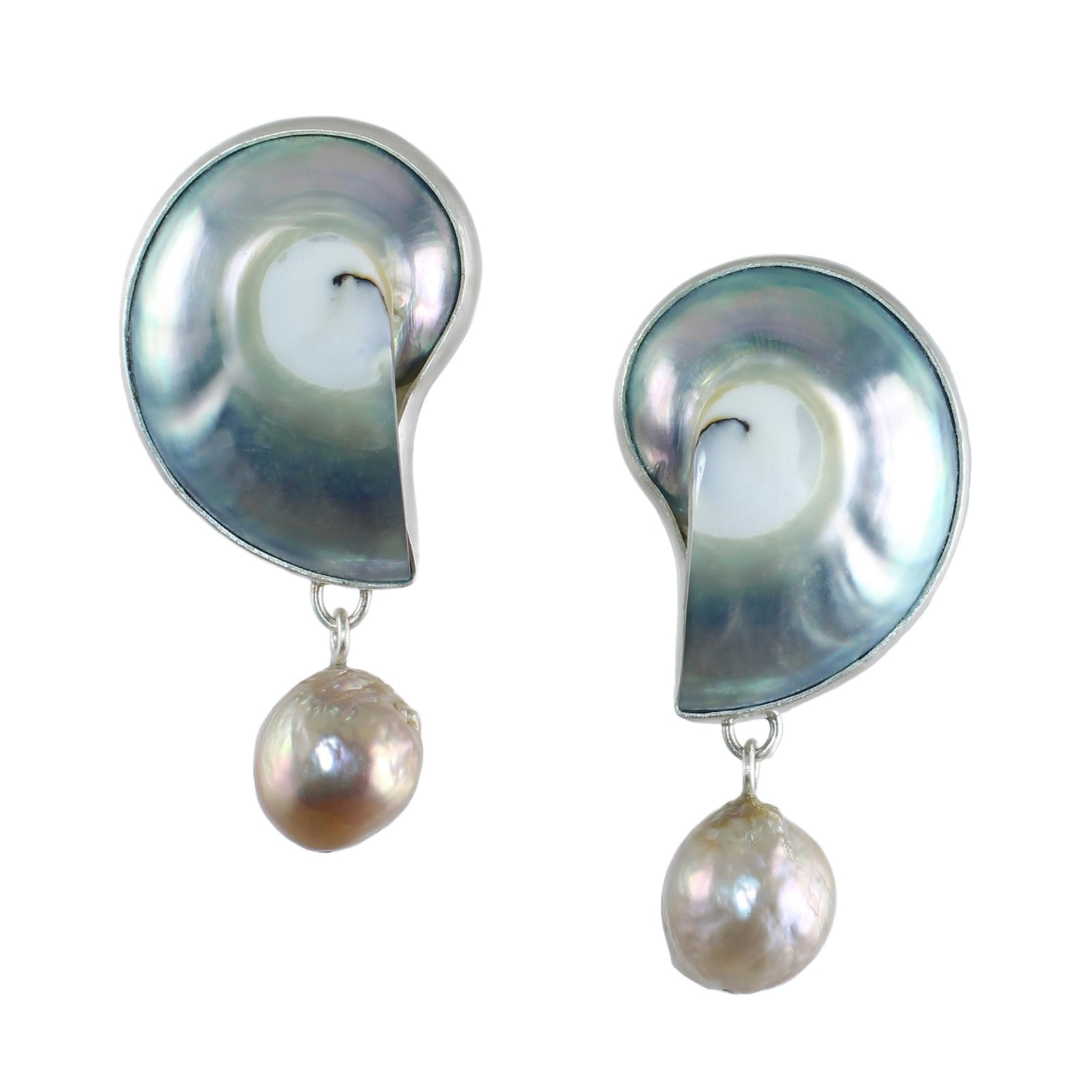 Blue Nautilus Shell & Pearl Earrings