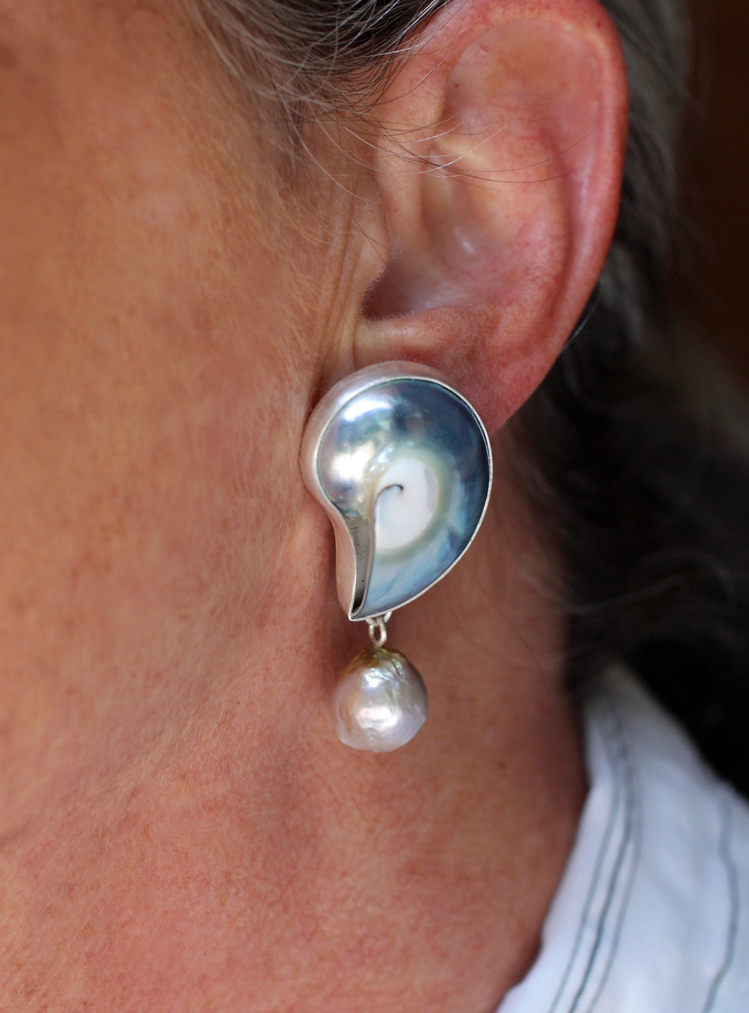 Blue Nautilus Shell & Pearl Earrings