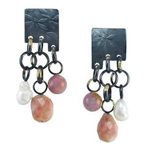 Rose quartz, sunstone, and pearl tab earrings with handmade chain in deep oxidized sterling silver with 14k gold accents on white background