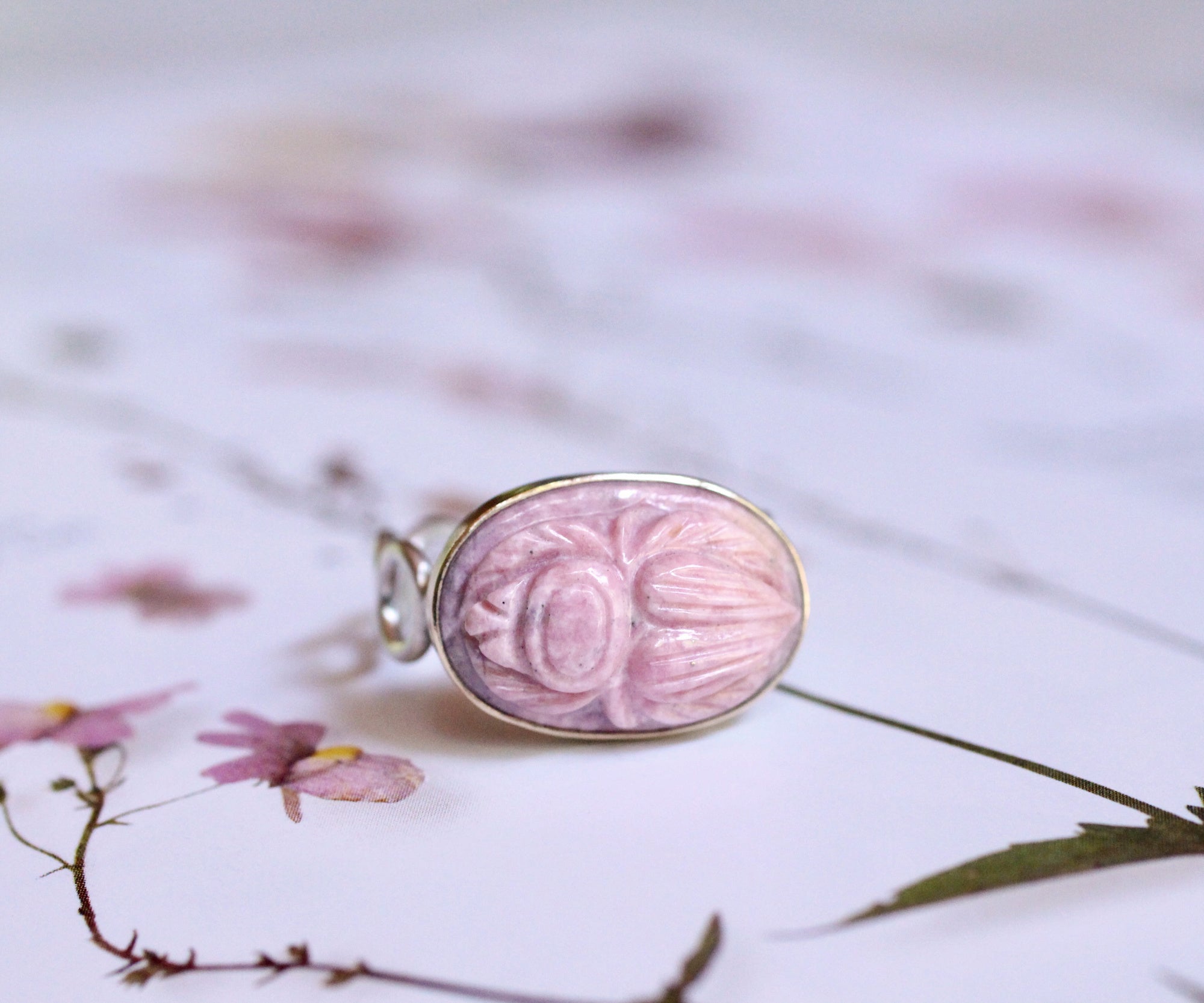 Rhodochrosite Scarab Ring in Sterling Silver & 14k Gold