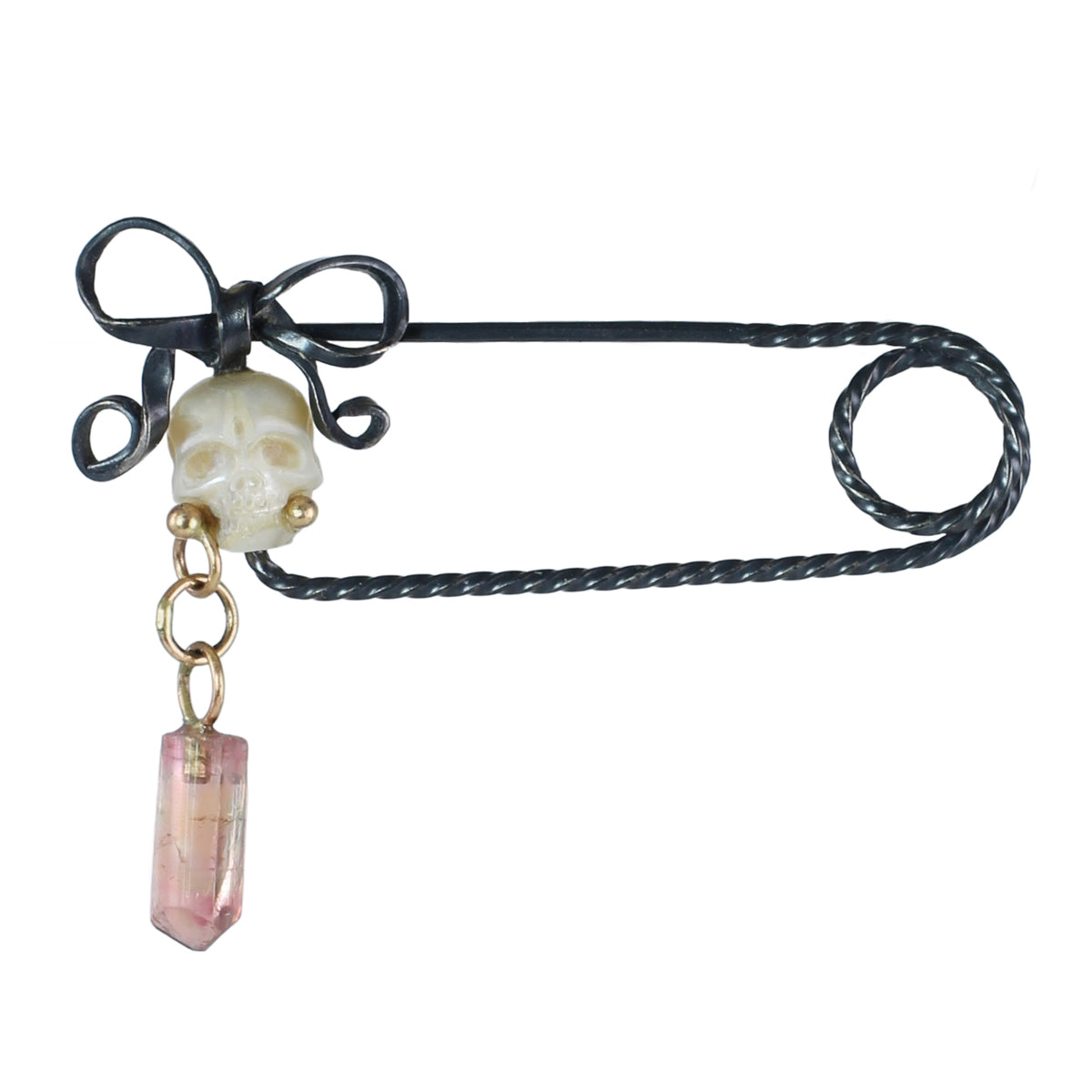 Pearl Skull & Bi-Colored Tourmaline Crystal Fibula