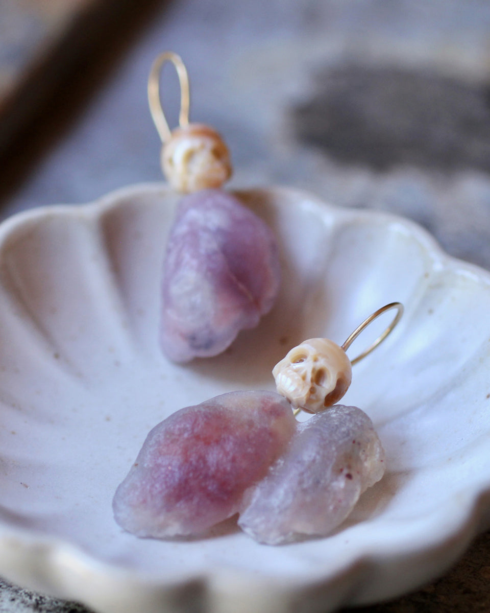 Pearl Skull & Gobi Desert Agate Earrings with 14k Gold