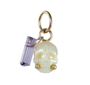 Pearl Skull & Scapolite Crystal Charm in 14k Gold