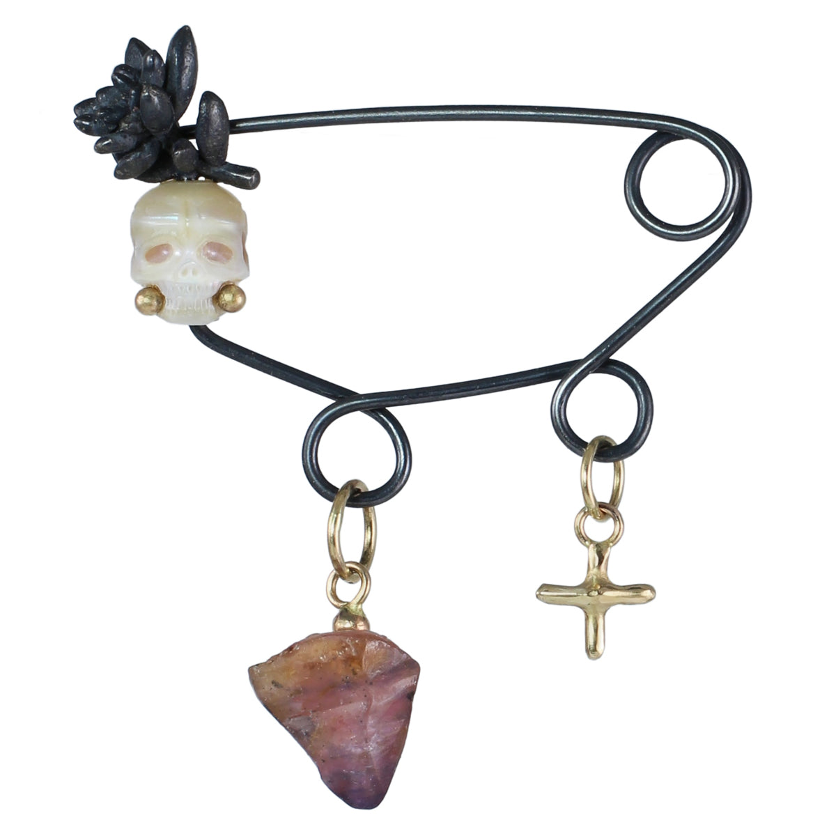 Pearl Skull and Raw Sapphire Crystal Fibula