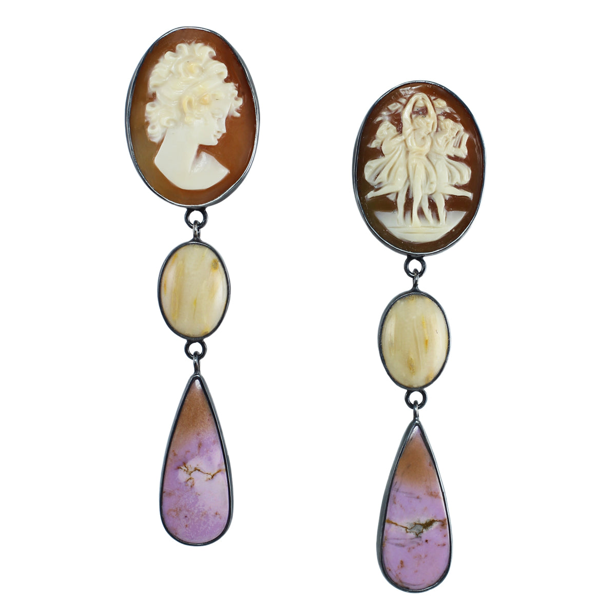 One-of-a-kind cameo earrings with vintage shell cameos, fossilized palm wood, and lilac phosphosiderite set in oxidized sterling silver on white background.