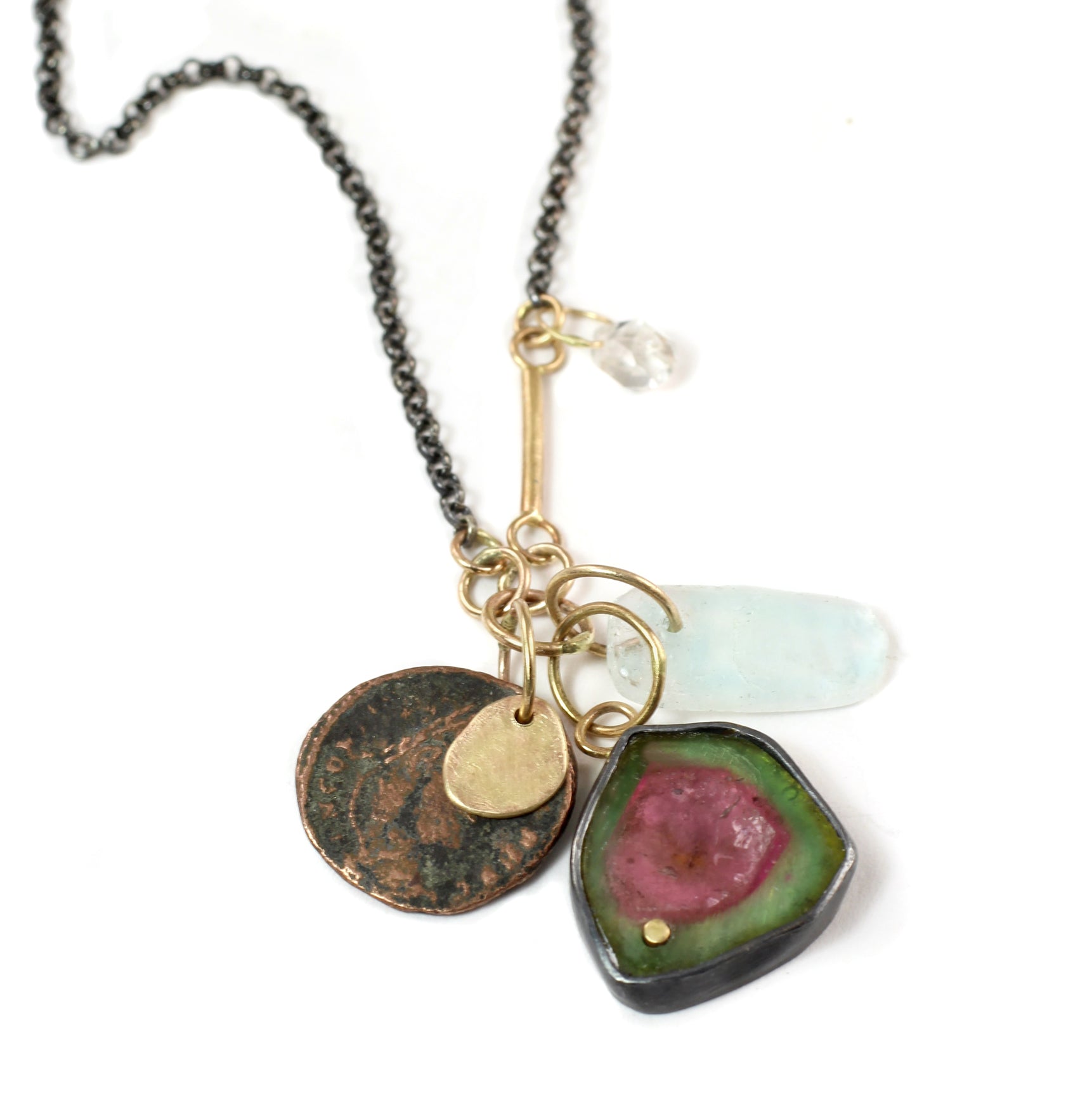 Ancient Coin & Gemstone Collector's Necklace with 14k Gold