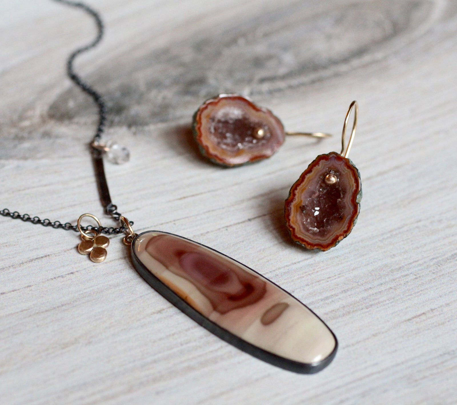 Imperial Jasper & Herkimer Diamond Necklace with 14k Gold