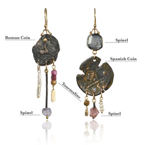 Melange Earrings with Ancient Coins with 14k Gold