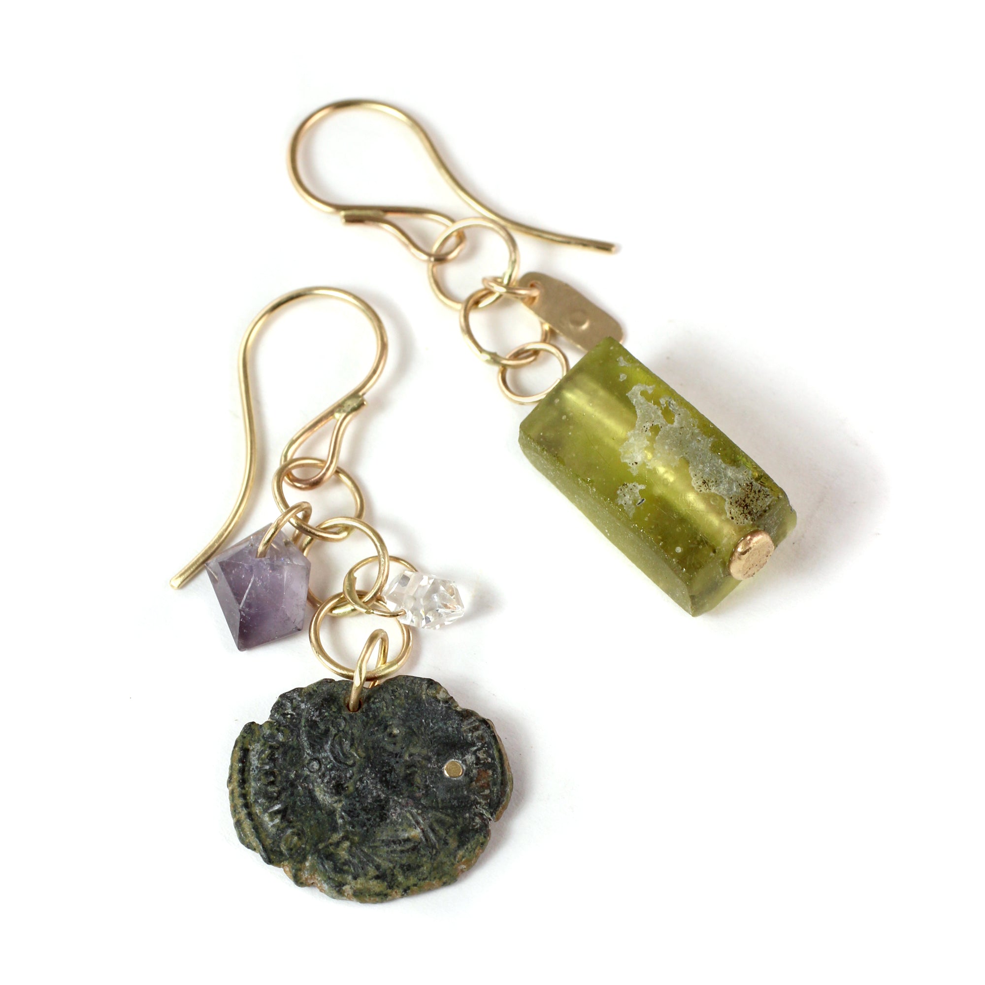 Melange Earrings with Ancient Coin and Roman Glass with 14k Gold