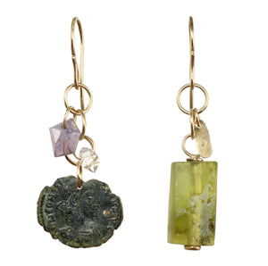 Melange Earrings with Ancient Coin and Roman Glass with 14k Gold