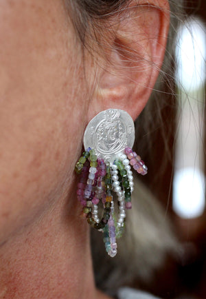 Ancient Silver Half Drachm Coin, Tourmaline & Pearl Earrings - Limited Edition