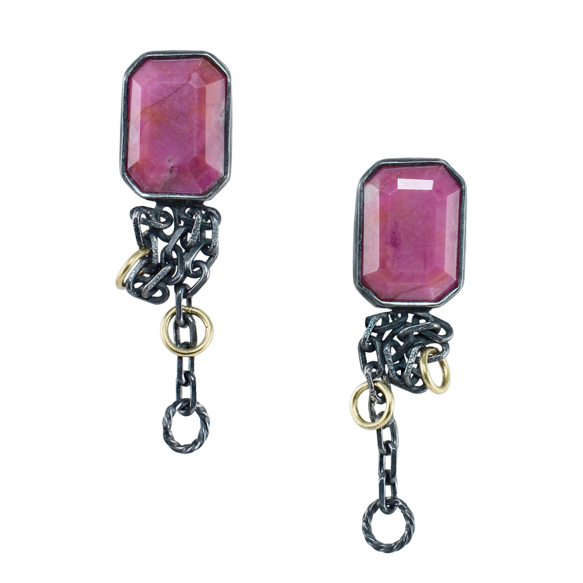 Pink cobalto calcite drop earrings with rectangular faceted gemstones, fused oxidized sterling silver chains, 14k gold filled rings, and dangling silver links on a white background.