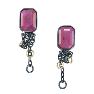 Pink cobalto calcite drop earrings with rectangular faceted gemstones, fused oxidized sterling silver chains, 14k gold filled rings, and dangling silver links on a white background.