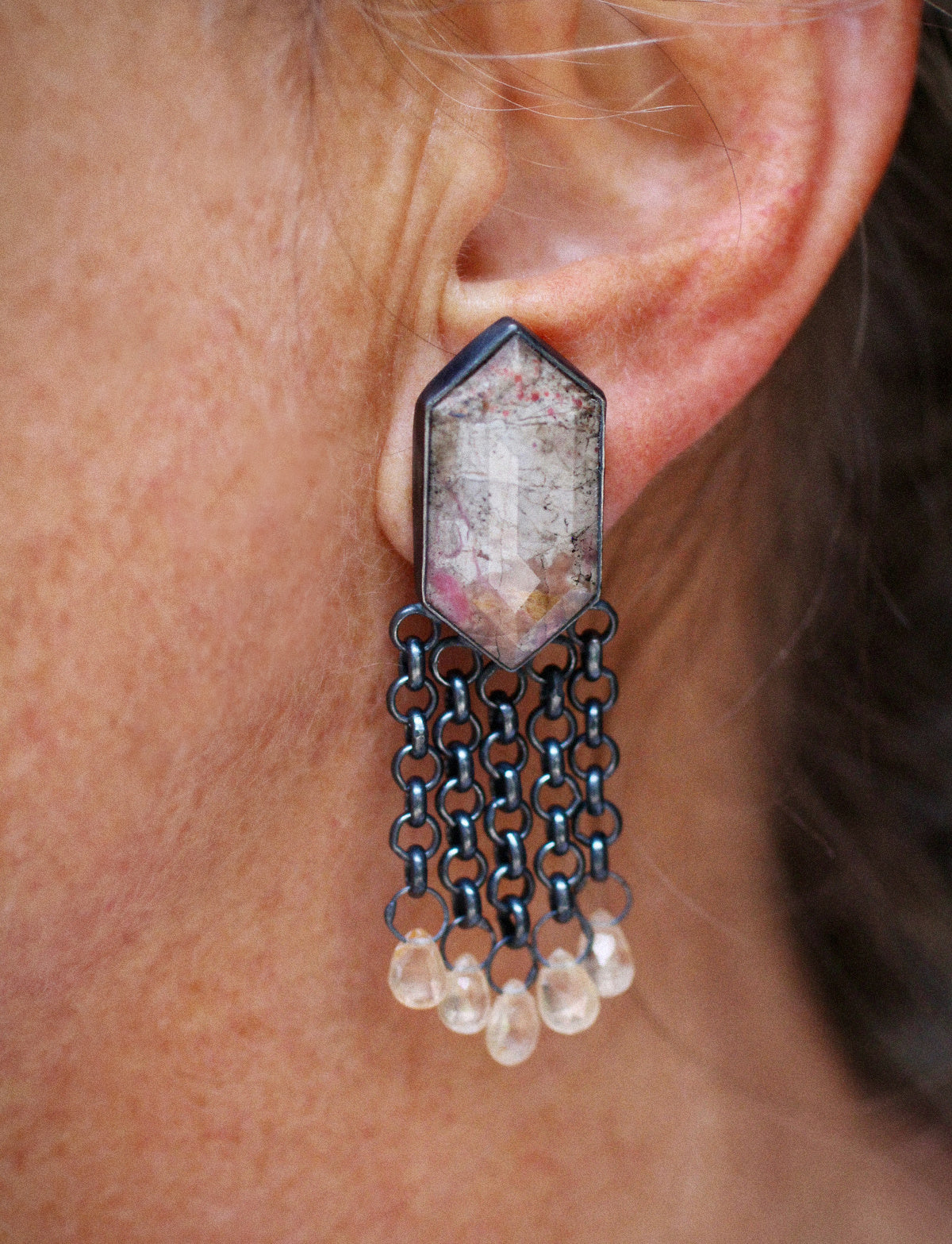 Cobalto Calcite & Sunstone Fringe Game Earrings
