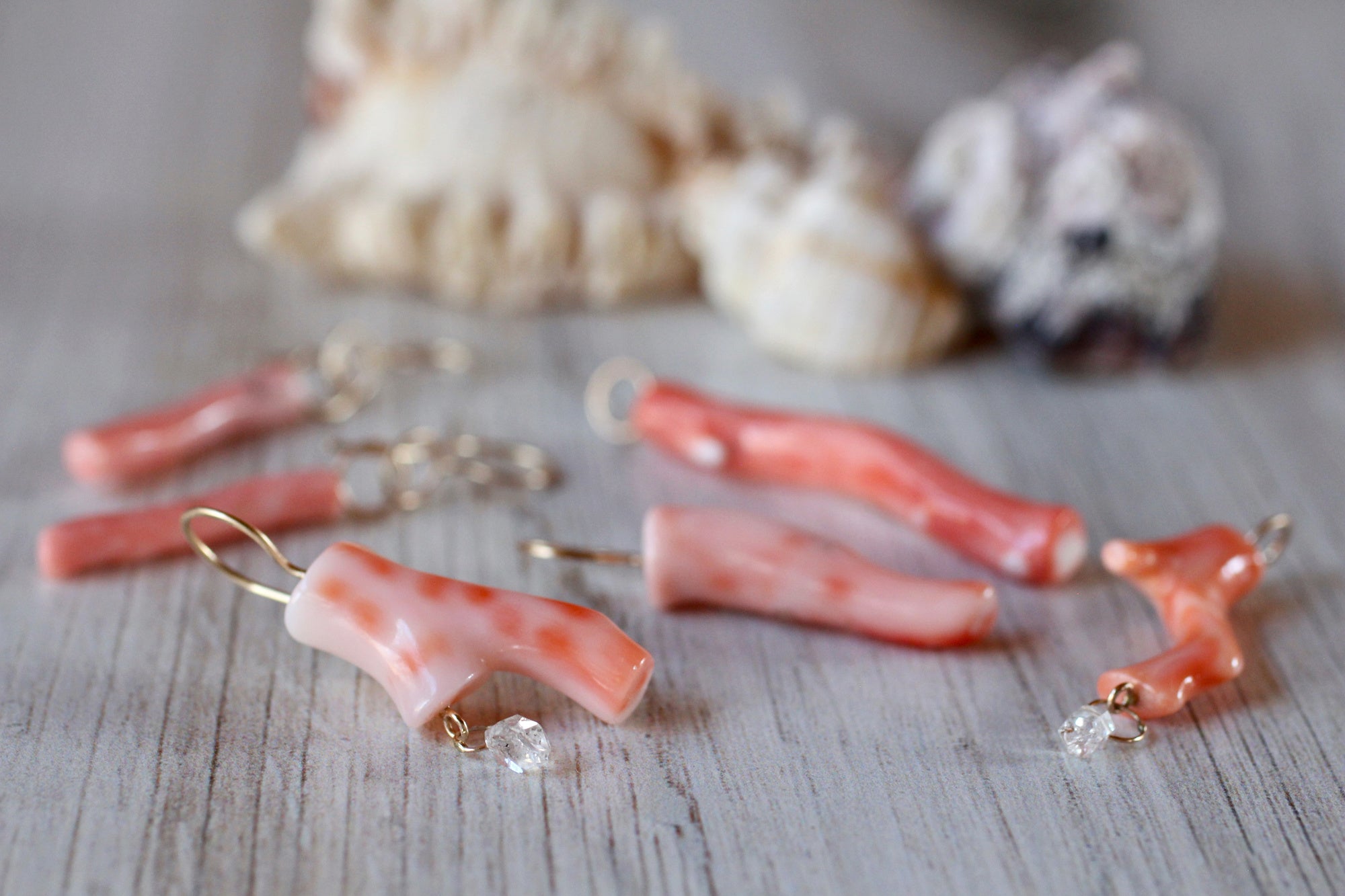Vintage Coral Branch & Herkimer Diamond Charm in Recycled 14k Gold
