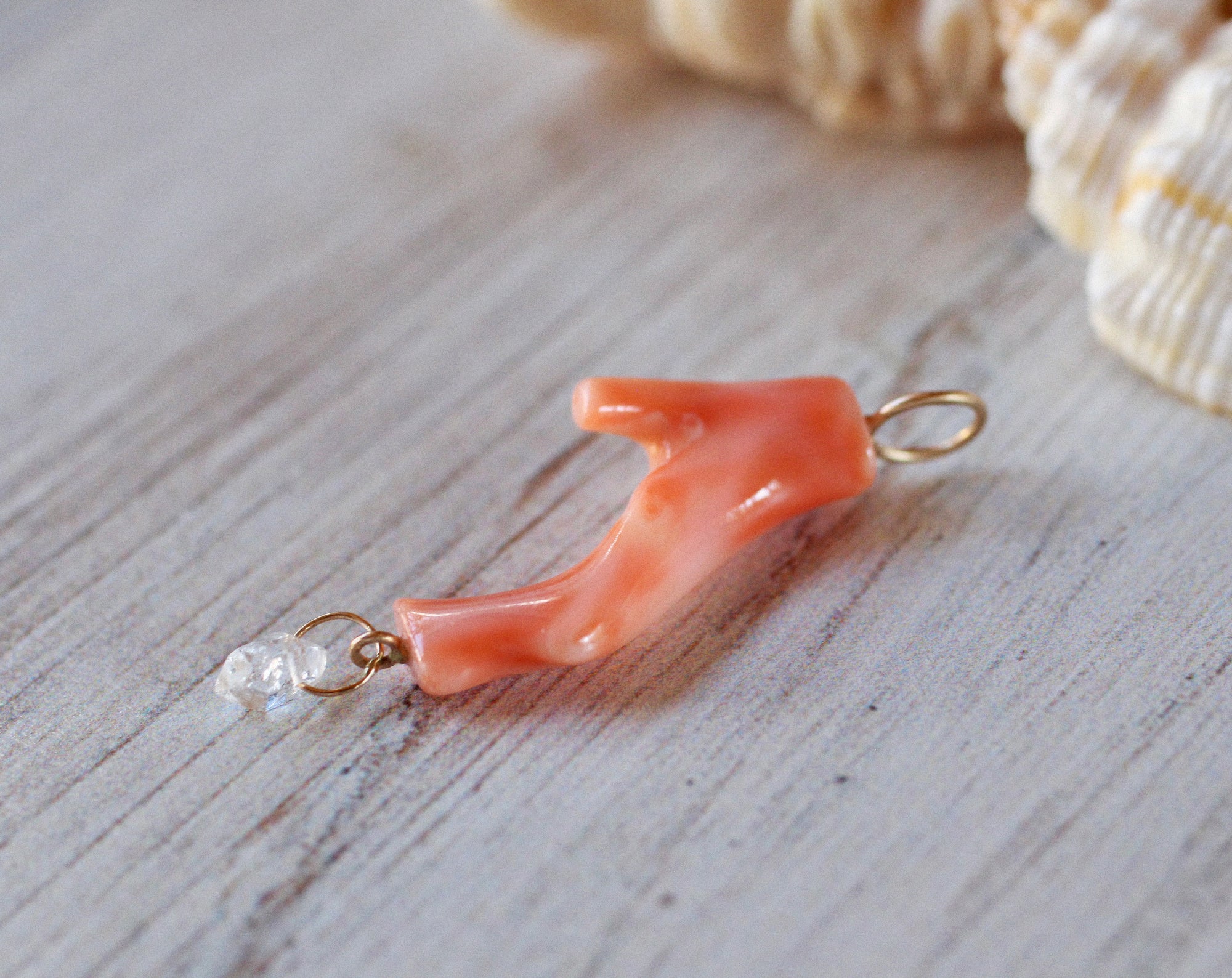 Vintage Coral Branch & Herkimer Diamond Charm in Recycled 14k Gold