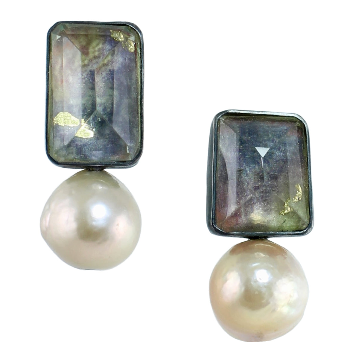 Stud earrings with rectangular vintage glass over layered artwork and champagne pearls, set in oxidized sterling silver on white background