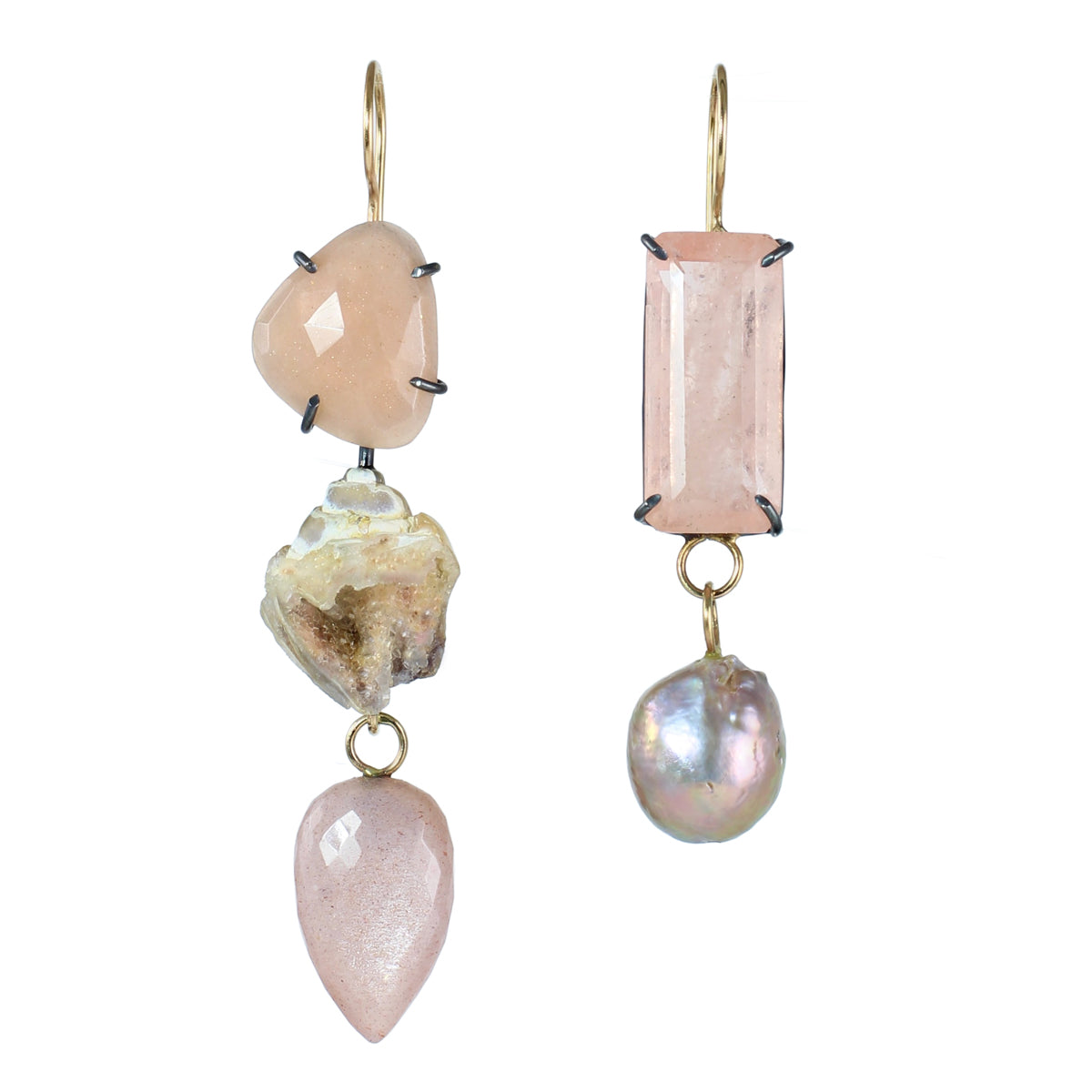 Mismatched earrings with peach moonstone, druzy shell, pink moonstone, morganite, and pearl in oxidized sterling silver and 14k gold.