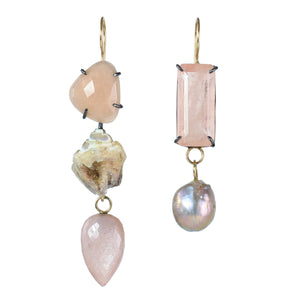 Mismatched earrings with peach moonstone, druzy shell, pink moonstone, morganite, and pearl in oxidized sterling silver and 14k gold.