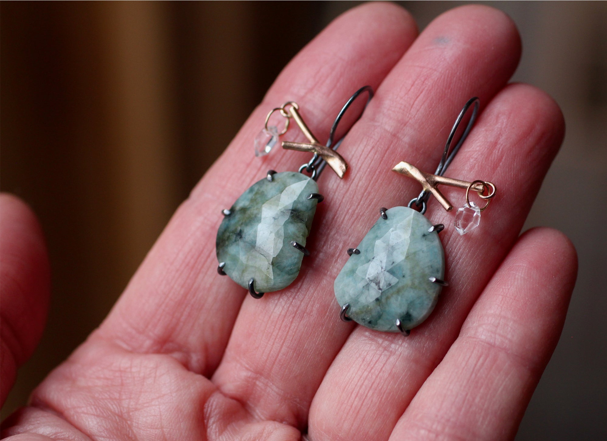 Emerald & Herkimer Branch Earrings with 14k Gold