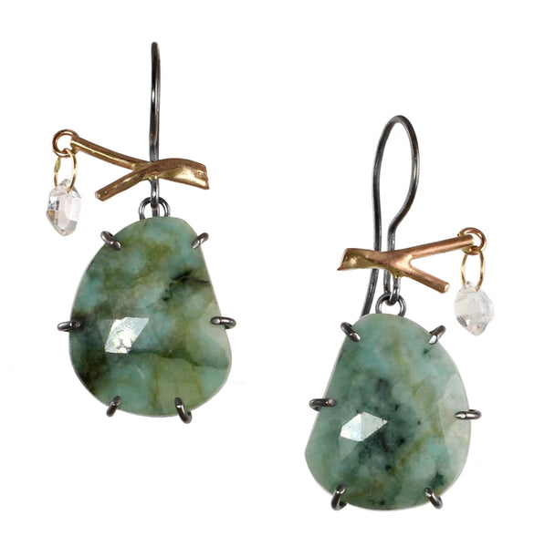 Emerald & Herkimer Branch Earrings in 14k Gold