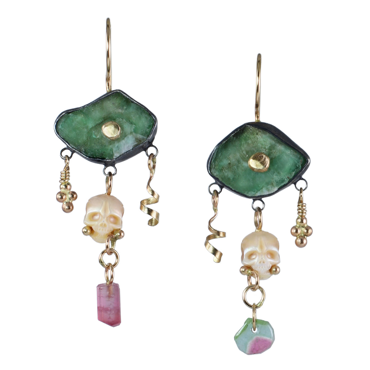 Emerald Eye Calavera Earrings with Tourmaline & 14k Gold